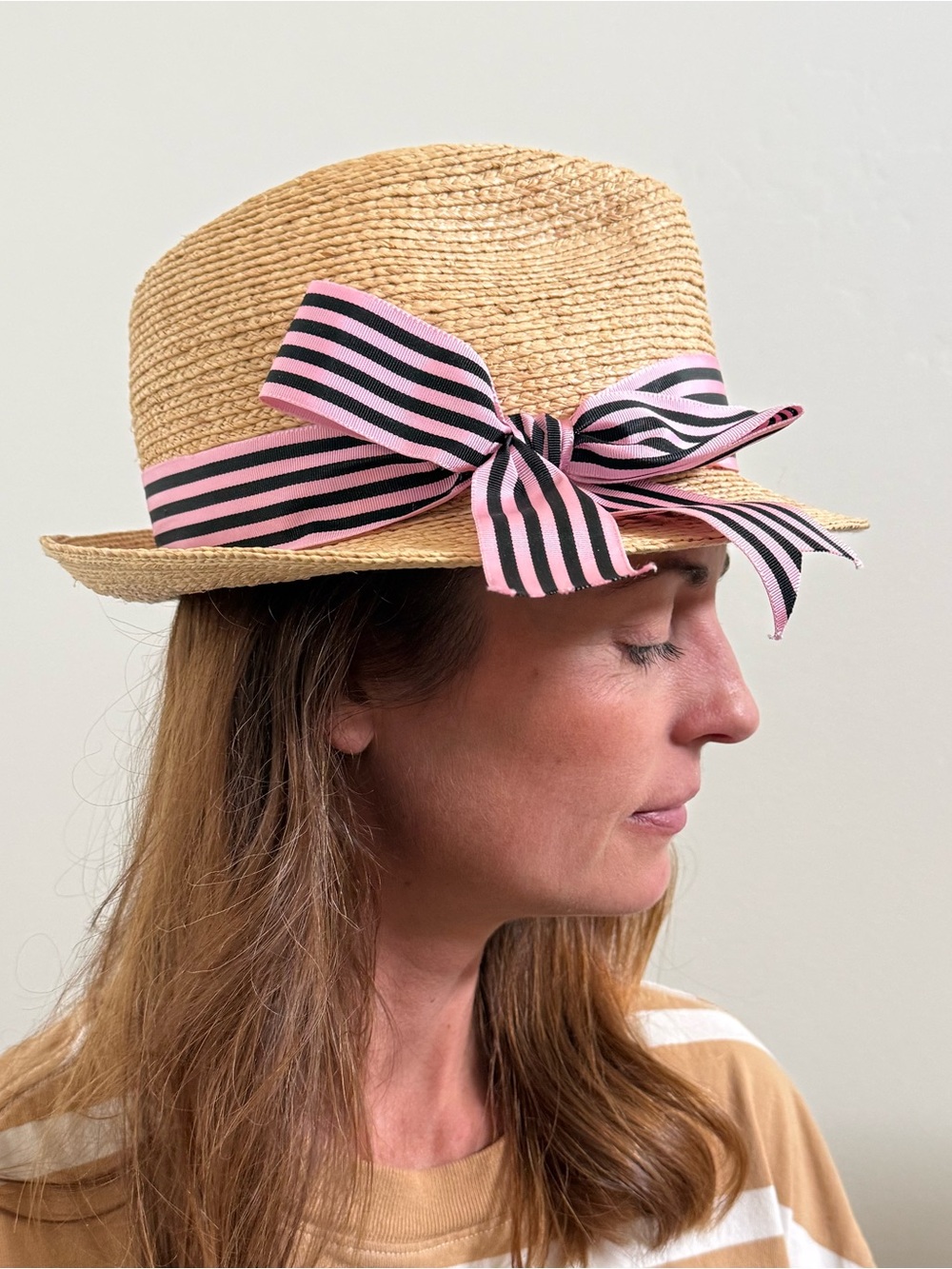 Straw Fedora Hat with Pink and Black Striped Bow- designer milliner from Laguna